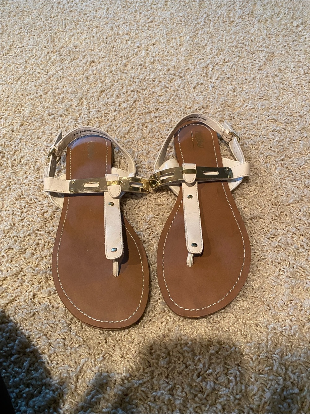 Mossimo Supply Co. Cream and Brown T-Strap Sandals with Gold Accent